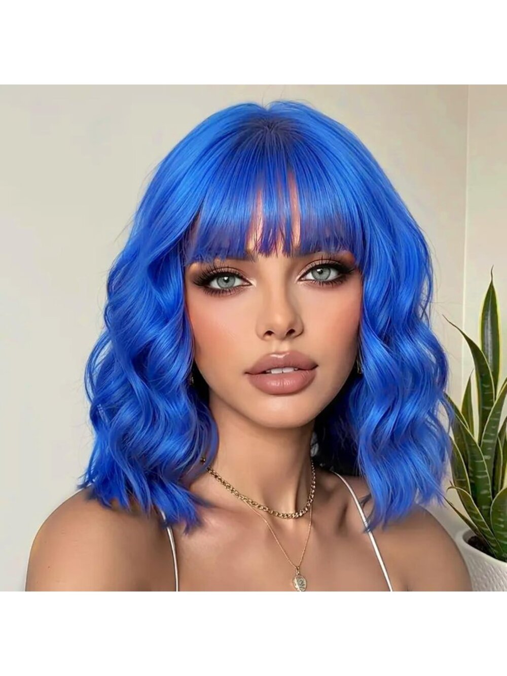 Short Bob Wavy Wig with Bangs - 14 Inch Blue Shoulder-Length Hair for Women